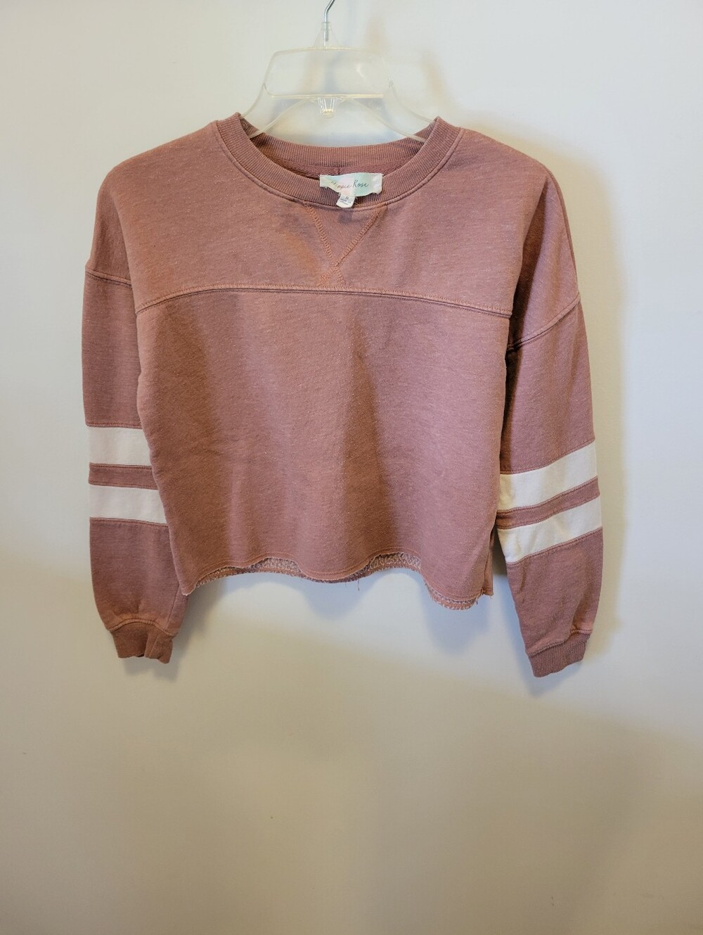 Hippie Rose Mauve Cropped Distressed Stripe Sleeve Sweatshirt